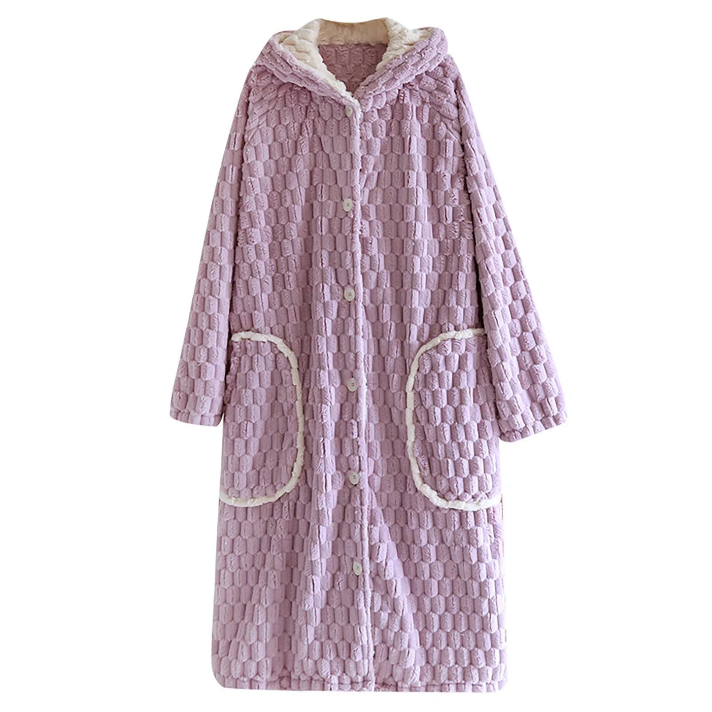 Women'S Loose Hooded Robe Nightgowns With Thick Plush Long Autumn Winter Coral Fleece Bathrobe With Big Pockets Woman Nightwear