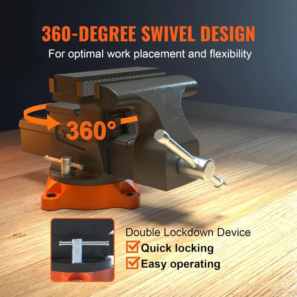 6.5" Heavy Duty Bench Vise with 360° Swivel Base, Anvil & Jaw Pads - Perfect for Drilling, Pipe Cutting & Metalwork
