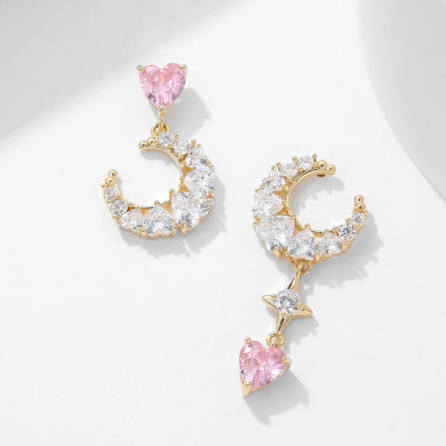 sweet moon earrings women girls asymmetric AB small heart drop white pink jewelry daily wear