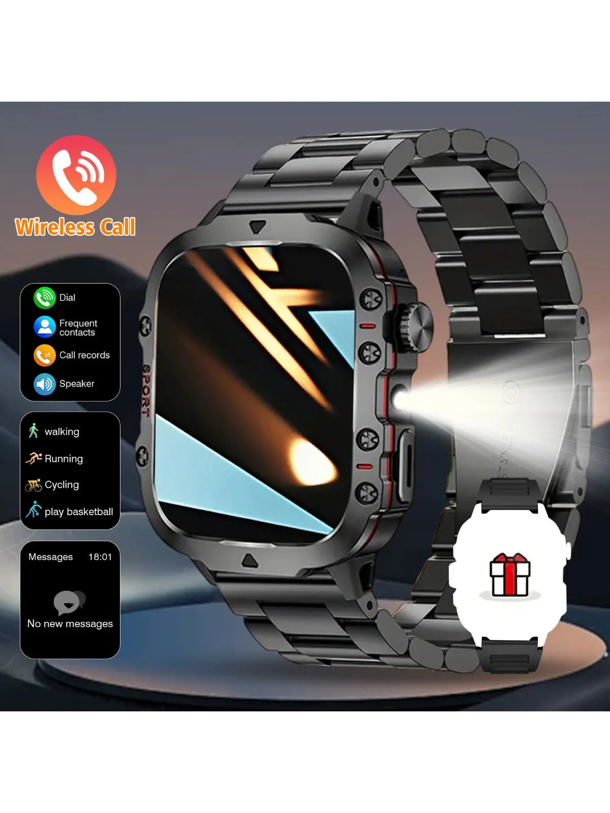 Smart Watch with Flashlight, Bluetooth Calling, Message Reminder, Stainless Steel Strap, Compatible with IPhone/Android