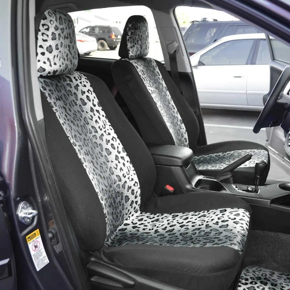 Leopard Print Car Seat Covers Full Set with Matching Accessories, Two-Tone Gray Cheetah Design for Women's Cars