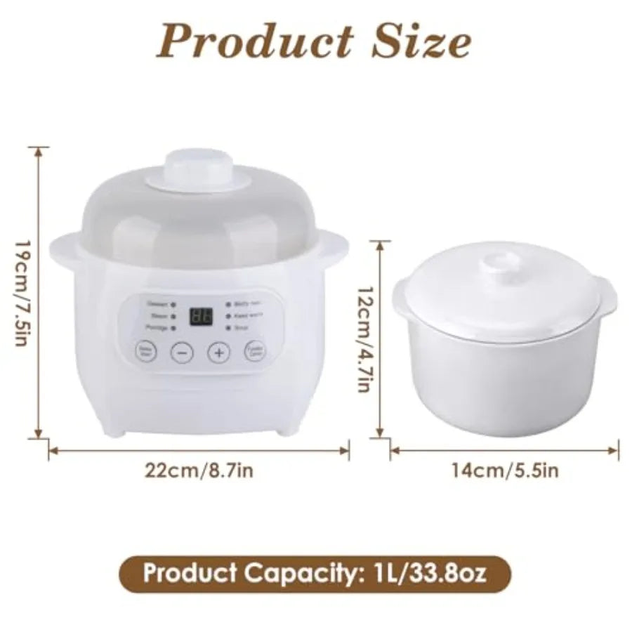Electric Stew Pot 1L with Ceramic Liner - 200W Slow Cooker for Porridge Soup Rice Compact Versatile Kitchen Appliance in White