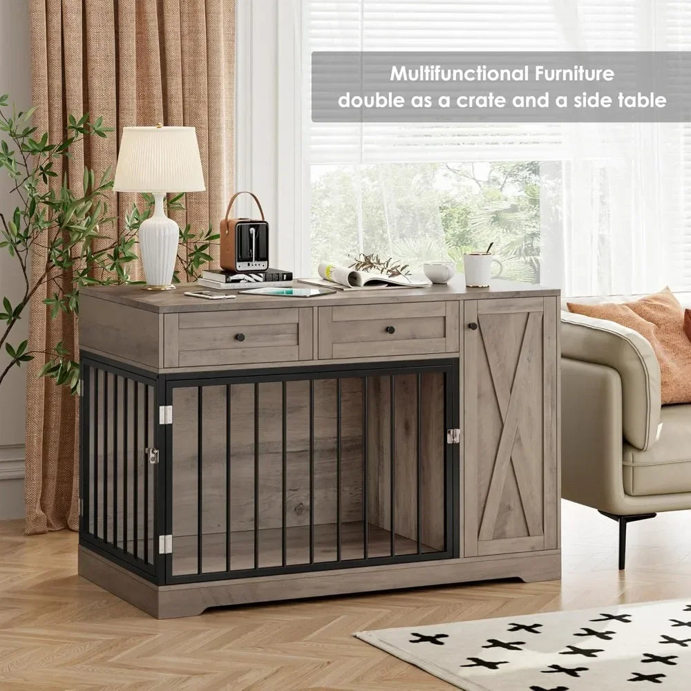 Wooden Dog Crate Furniture, Double Door Pet Kennel with 2 Drawers & Storage Cabinet, Farmhouse Style