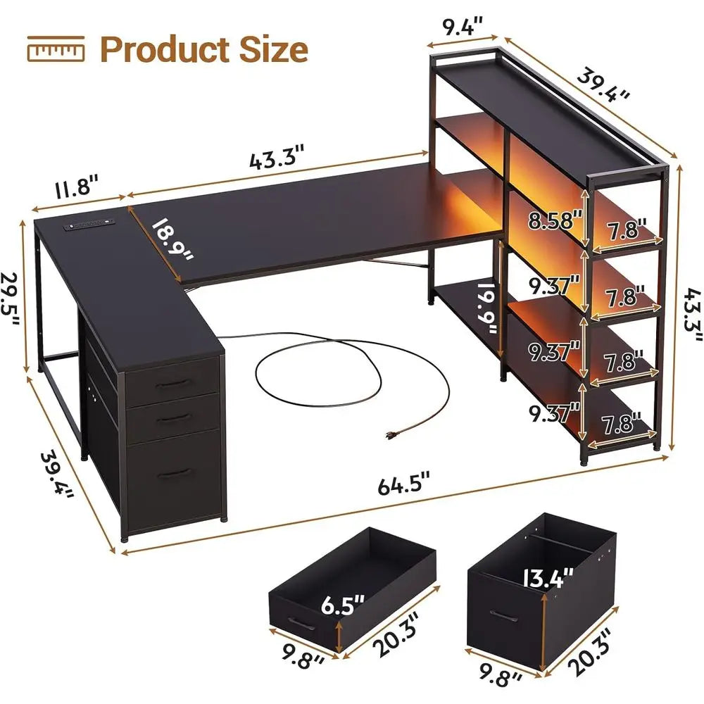 L-Shaped Gaming Desk with Reversible Surface, LED Lights, Power Outlet, and Storage Shelves, Black