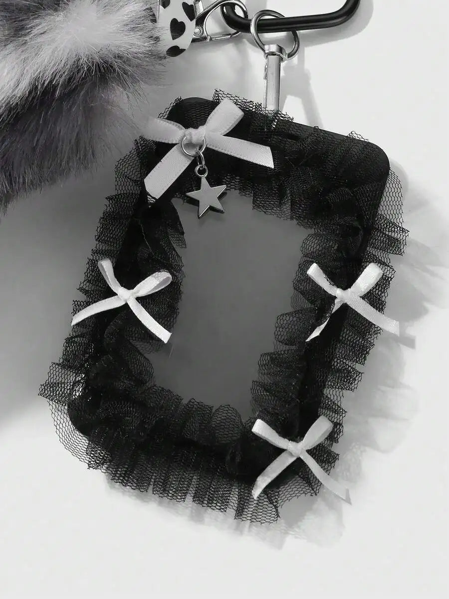Black & White Faux Fur Ombre Tail Keychain with Tulle Card Holder and Heart Charm
