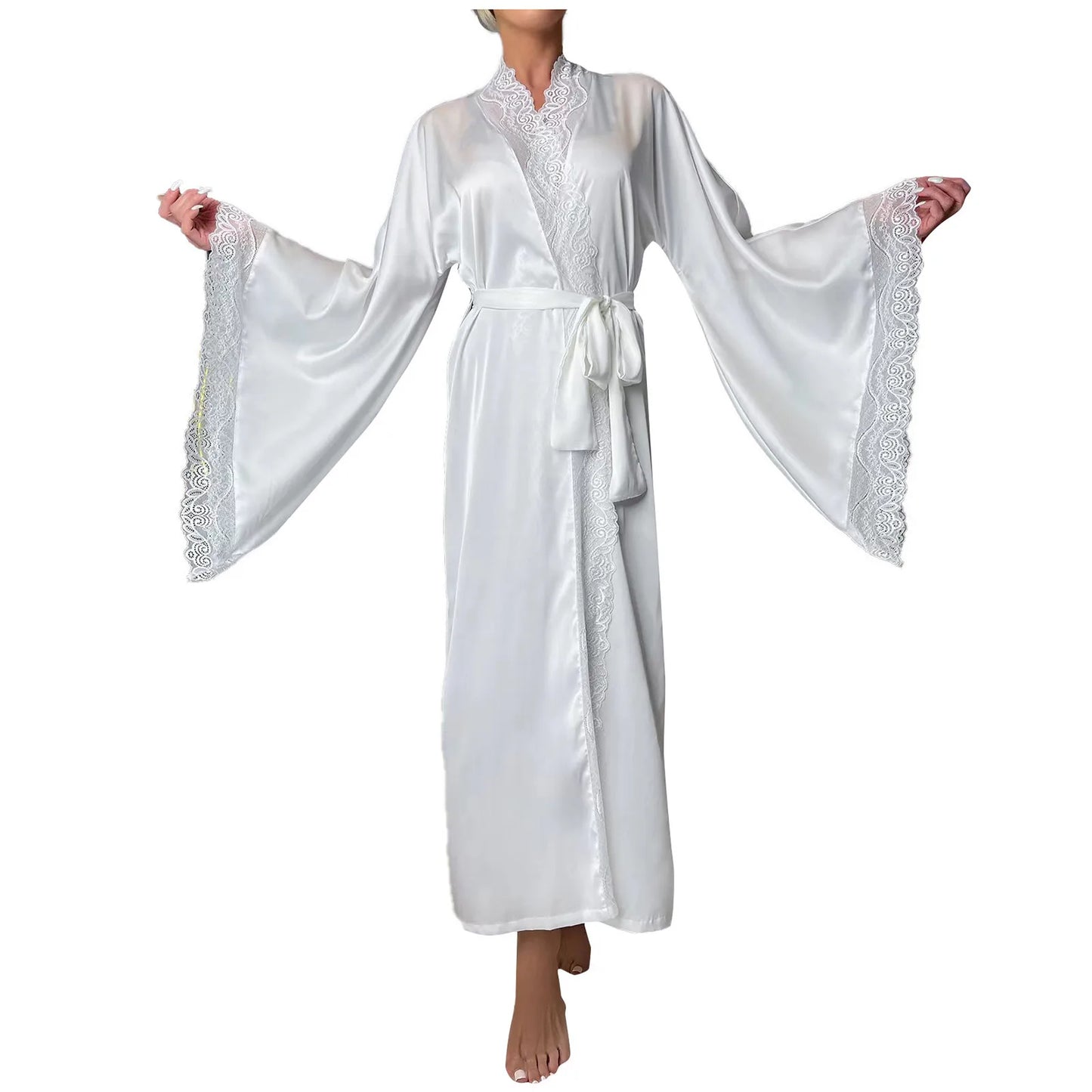 Long Solid Kimono Robe Women Sexy Lace Patchwork Bathrobe Gown Flare Sleeve Sleepwear Nightwear Bride Wedding Robes Loungewear