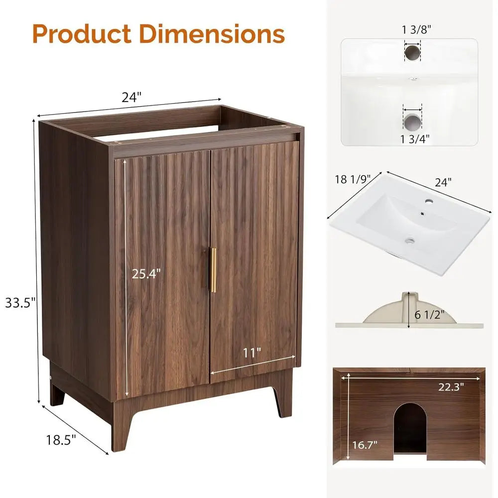 24 Inch Bathroom Vanity with Sink, -Century ern Vanity with Ceic Basin and luted Sot-Close Do, U-Shape Storage Shel,ree Standing