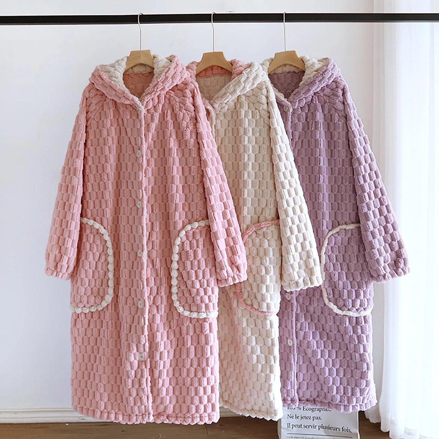 Women'S Loose Hooded Robe Nightgowns With Thick Plush Long Autumn Winter Coral Fleece Bathrobe With Big Pockets Woman Nightwear