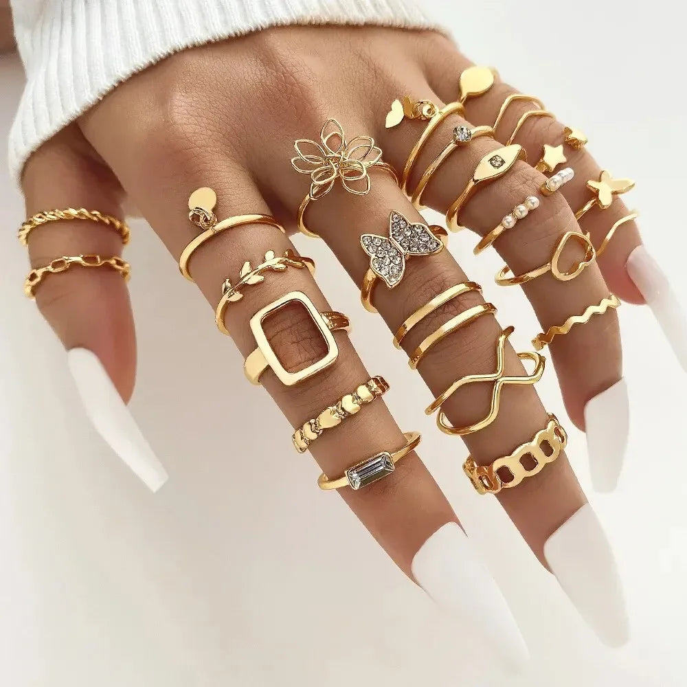 Boho Gold Color Rings Set For Women Fashion Cubic Zircon Heart Star Moon Flower Finger Rings Female Simple Trendy Jewelry Gifts