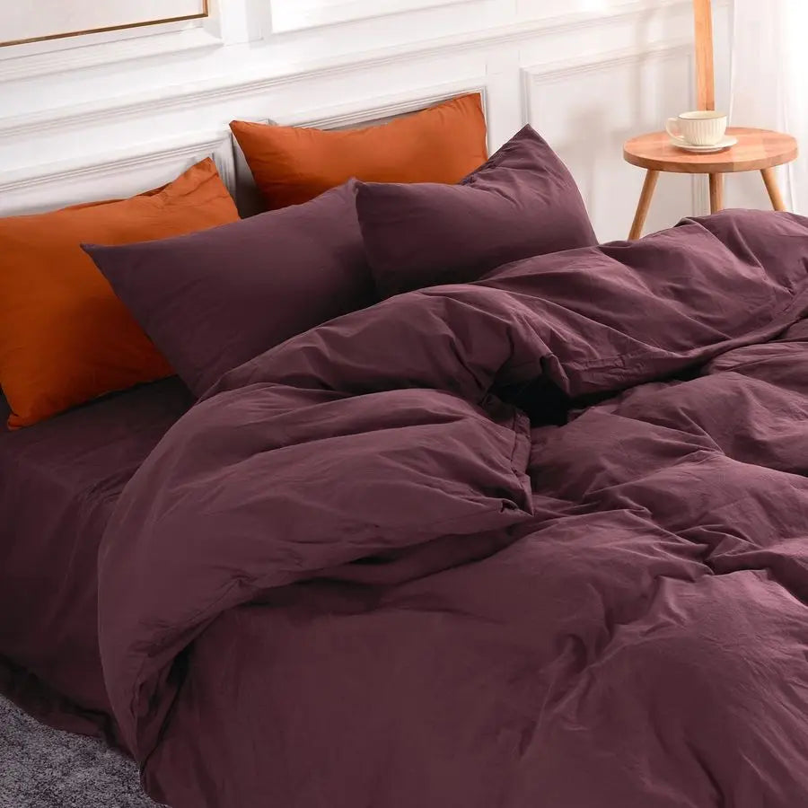 Duvet Cover Set Queen Size Linen Look Textured 100 Washed Cotton Duvet Cover Burgundy Dark Red 3 Pieces Bedding Set with Zipper