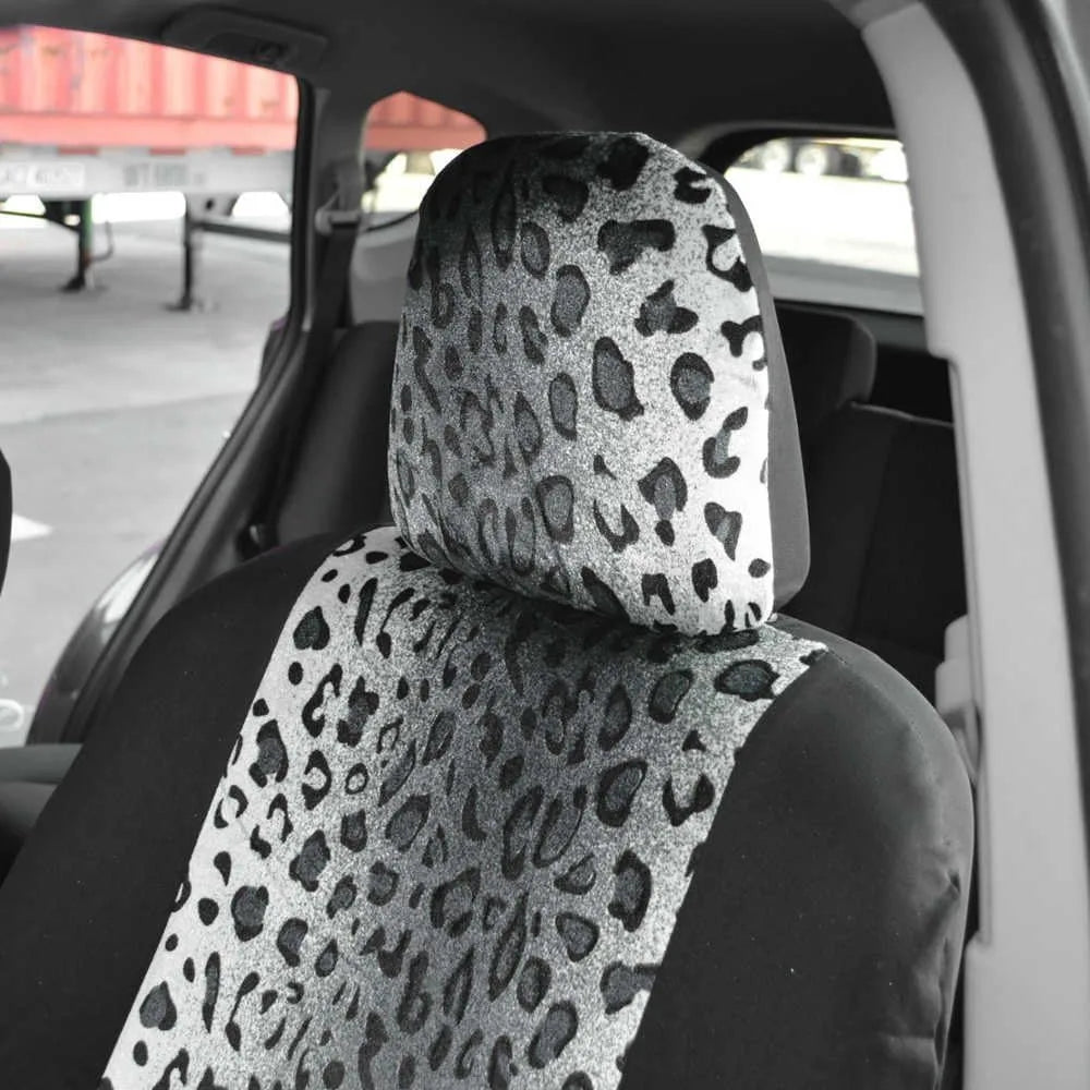 Leopard Print Car Seat Covers Full Set with Matching Accessories, Two-Tone Gray Cheetah Design for Women's Cars