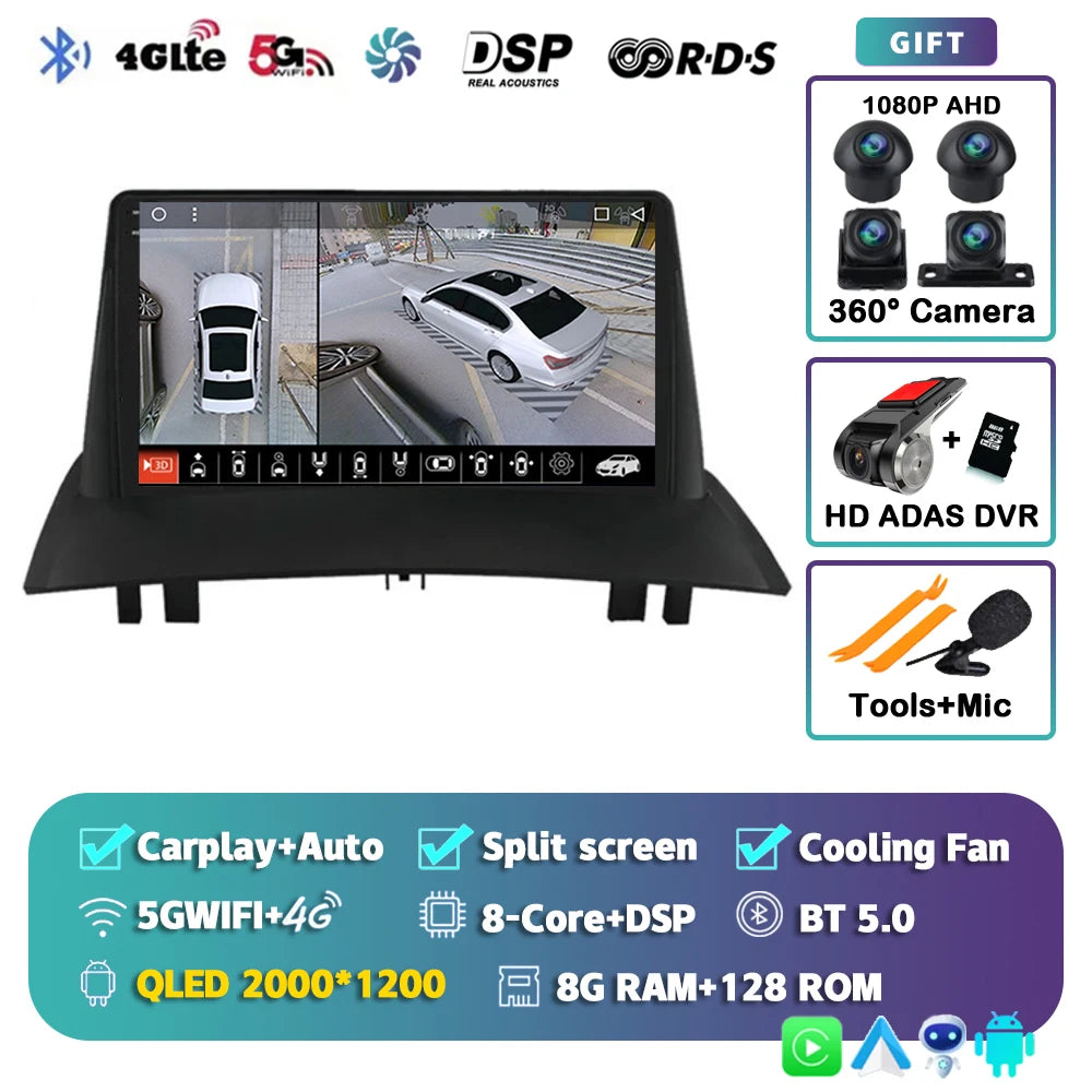 Android 15 For Renault Megane 2 2002-2009 2K QLED Android Car Radio Multimedia Video Player GPS Stereo CarPlay 4G Navigationv BT