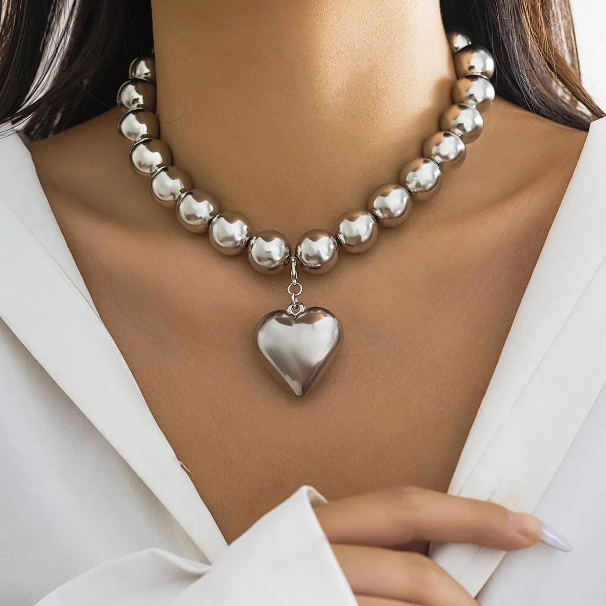 Big CCB Ball Beaded Chain and Heart Pendant Necklace for Women Trendy Choker Collar on the Neck Accessories 2024 Fashion Jewelry
