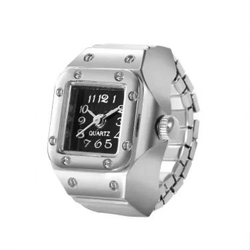Vintage Punk Finger Watch Mini Elastic Strap Alloy Watches Couple Rings Jewelry Clock Retro Roman Quartz Watch Ring Women Men
