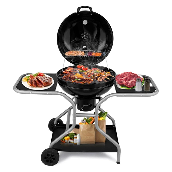 Kettle Charcoal Grill with 2 Side Tables, Storage Shelf, Upgraded Ash Catcher,Outdoor Cooking Barbecue Grill with Wheels