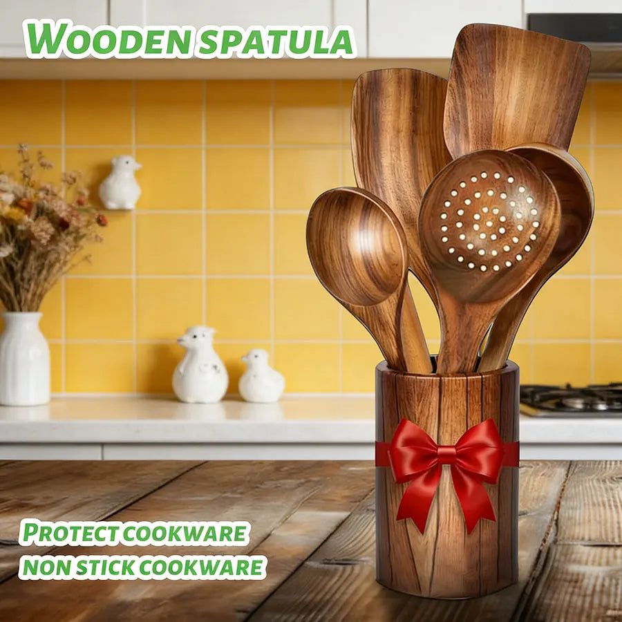 5-Piece Wooden Cooking Utensil Set, Durable Easy to Clean Kitchen Tools with Turner, Spatula, Skimmer, Soup Ladle Serving Spoon