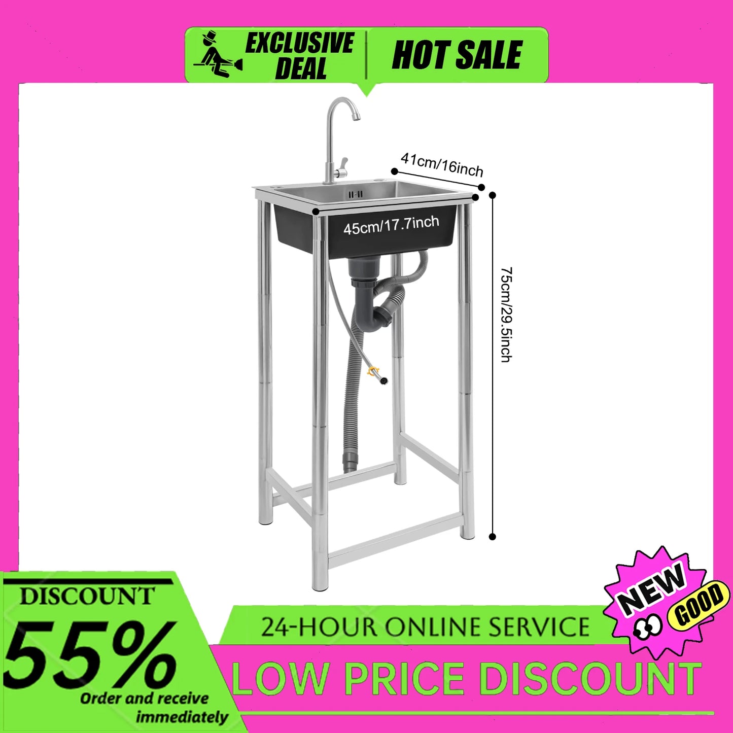 Commercial sink 45x40x22cm Stainless Steel Sink with Faucet, Free Standing Utility Sink, Single Bowl Commercial Sink