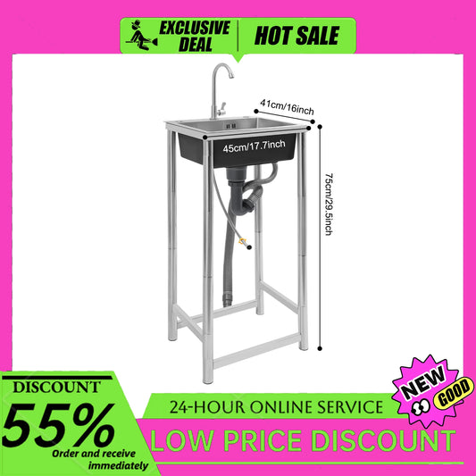 Commercial sink 45x40x22cm Stainless Steel Sink with Faucet, Free Standing Utility Sink, Single Bowl Commercial Sink