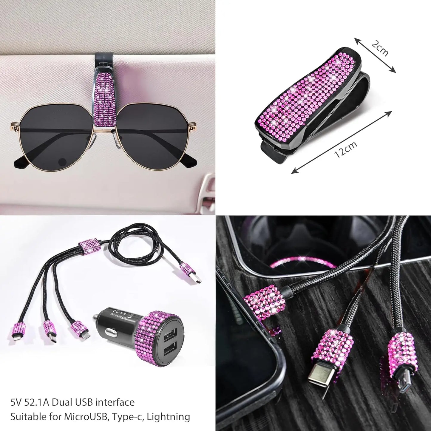 Pink Bling Car Accessories Set: Steering Wheel Cover, License Plate Frame, Phone Holder & Decorations for Women
