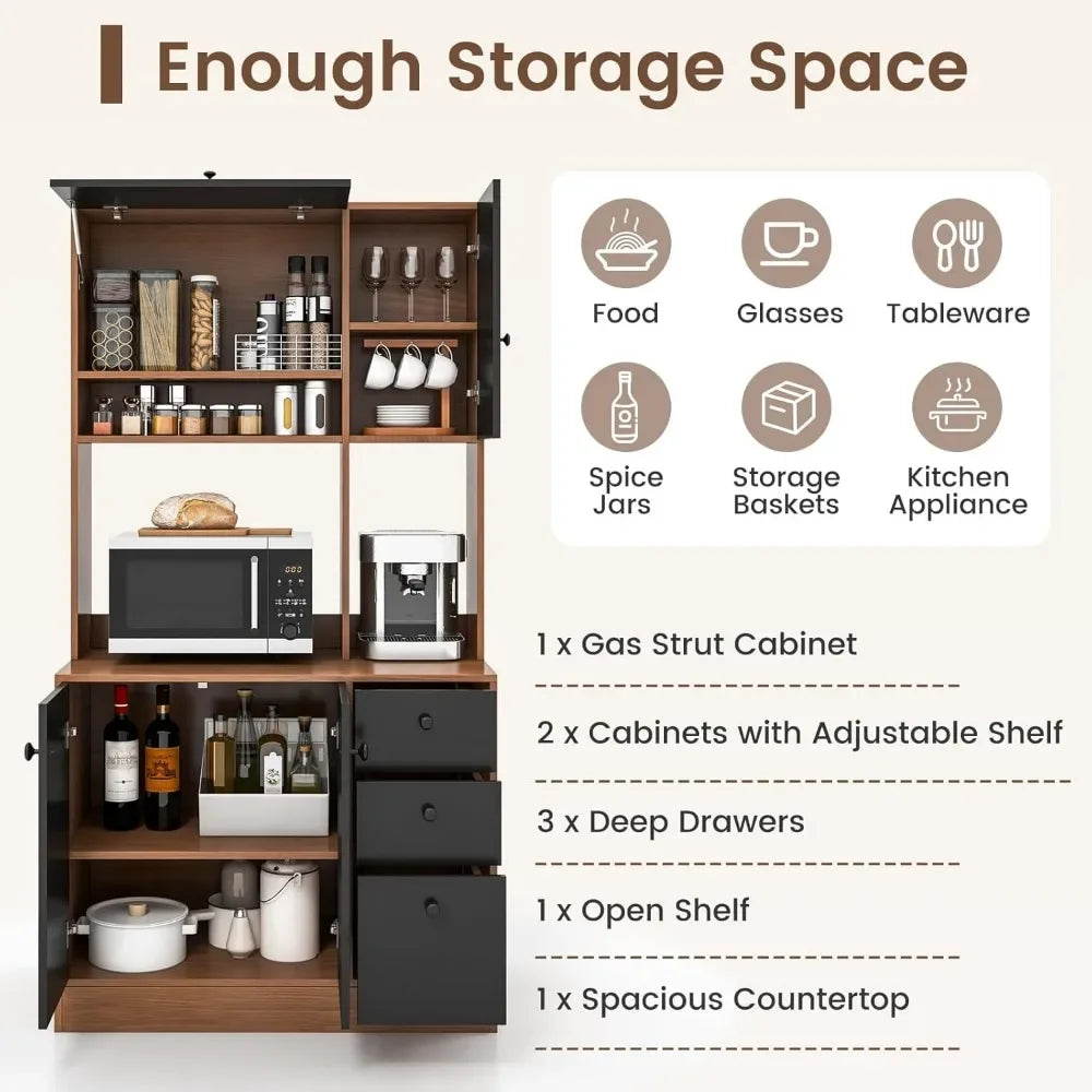 Kitchen Buffet Hutch Storage Cabinet, 71" Freestanding Pantry with 3 Cabinets & Drawers, Adjustable Shelves, Kitchen Cabinets