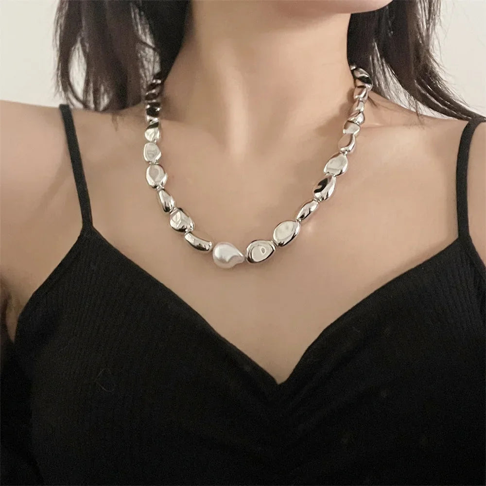 Vintage Silver-plate Geometric Exaggerated CCB Chain Necklace For Women Female Fashion Boho Artificial Pearl Y2K Jewelry Gift