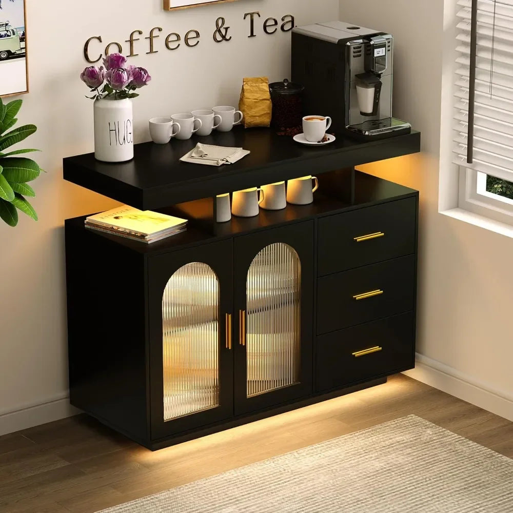 RGB LED Coffee Bar Cabinet Kitchen Storage Cabinet & Sideboard Buffet Cabinets for Dinning Room，Kitchen(Black)，Kitchen Cabinets