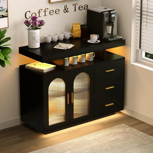 RGB LED Coffee Bar Cabinet Kitchen Storage Cabinet & Sideboard Buffet Cabinets for Dinning Room，Kitchen(Black)，Kitchen Cabinets