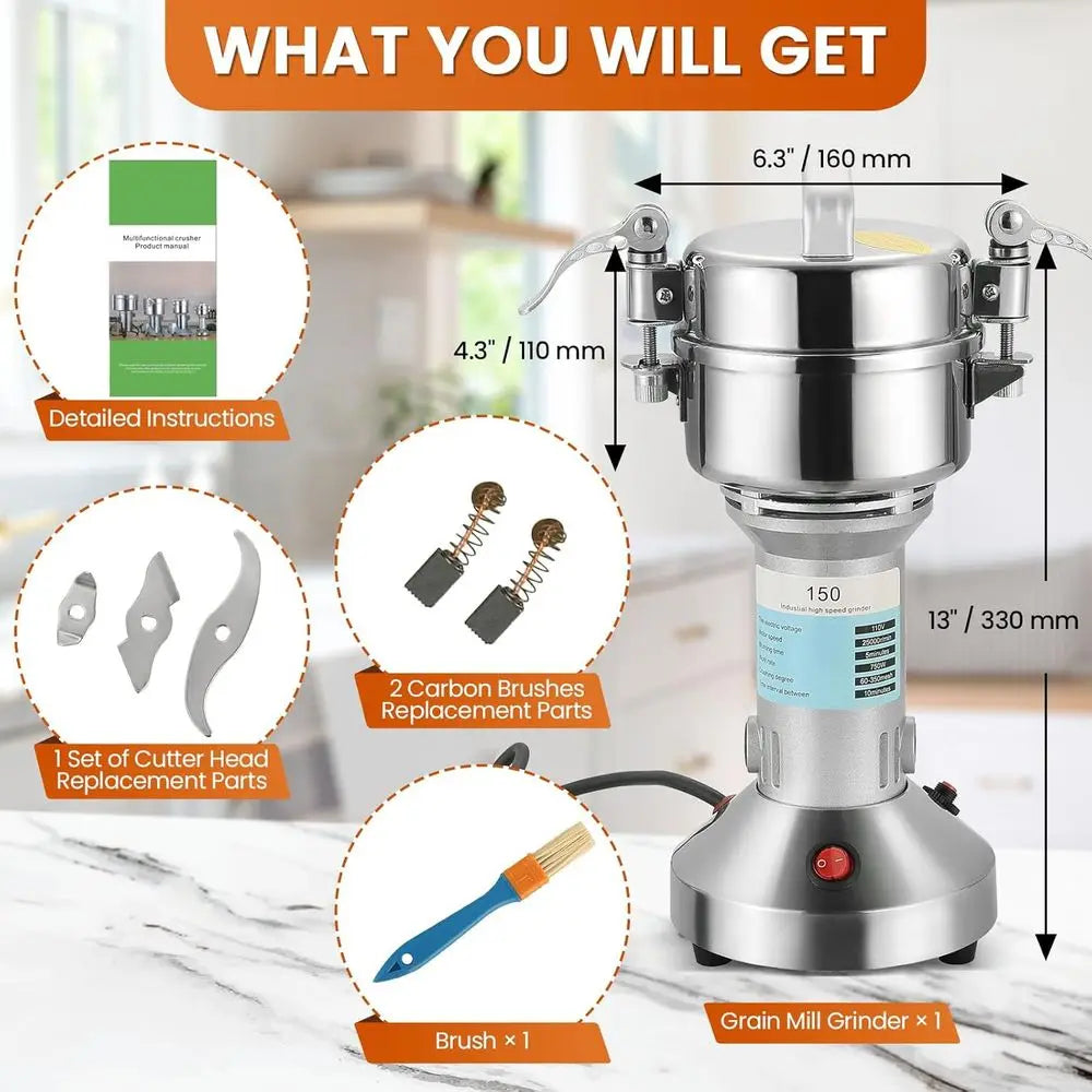 High Speed 150g Electric Grain Mill Grinder Spice Grinder 750W Stainless Steel for Spice, Herb, and Coffee Grinding