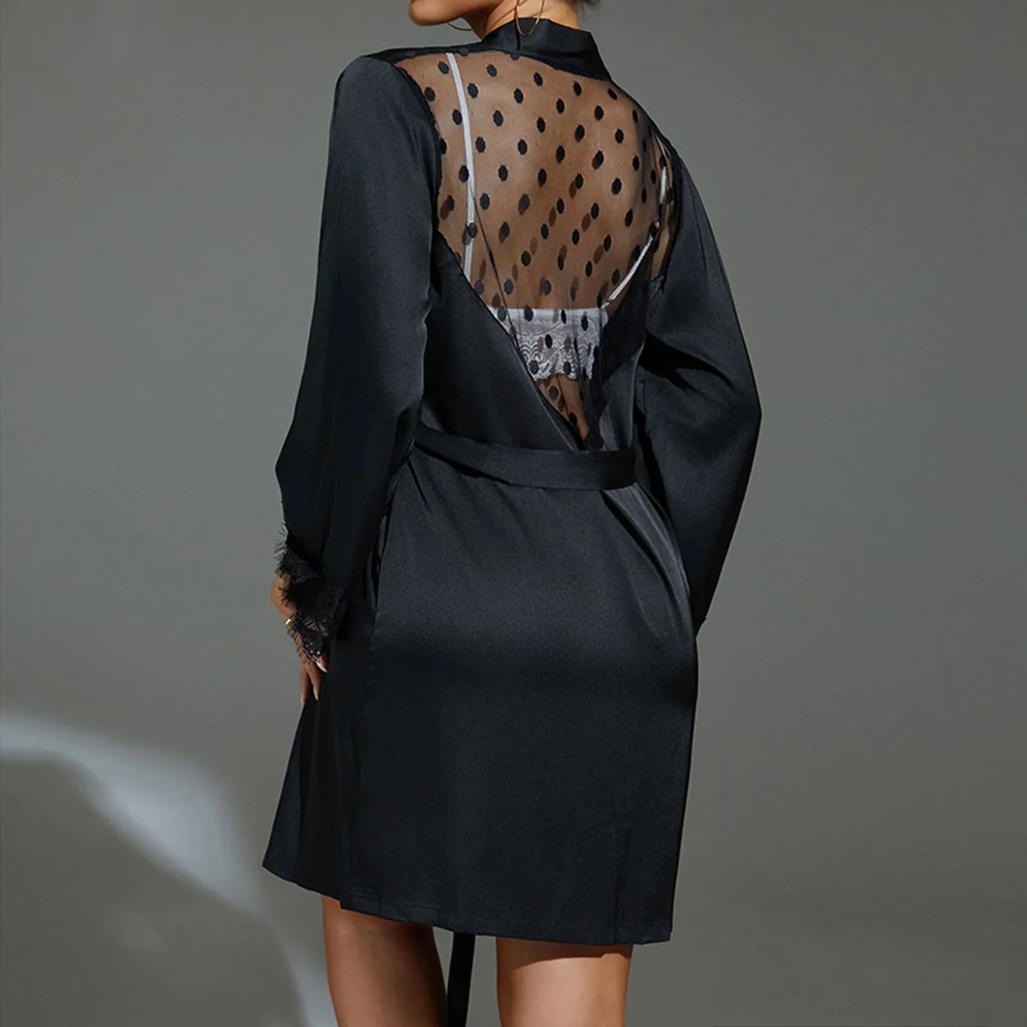 Women's Ice Silk Robe Satin Lace Kimono Robe Solid Bathrobe With Tie Women Night Gowns Mesh Back Hollw Robes Bridesmaid Robes