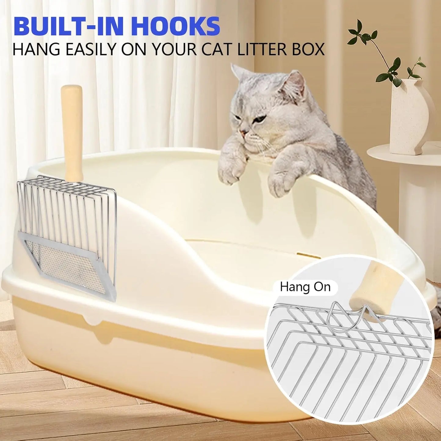 Stainless Steel Cat Litter Scoop with Wooden Handle, Dual-Mesh Sifter and Wall Hook for Easy Cleaning