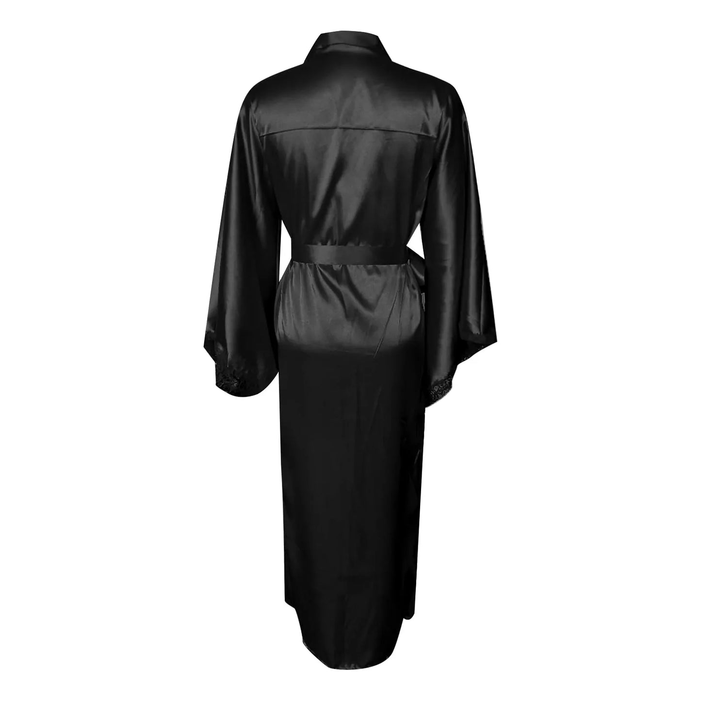 Women's Sexy Long Kimono Dress Lace Bath Robe Lingerie Gown Ice Silk Nightdress Solid Color Lace Nightgown Nightwear Plus Size