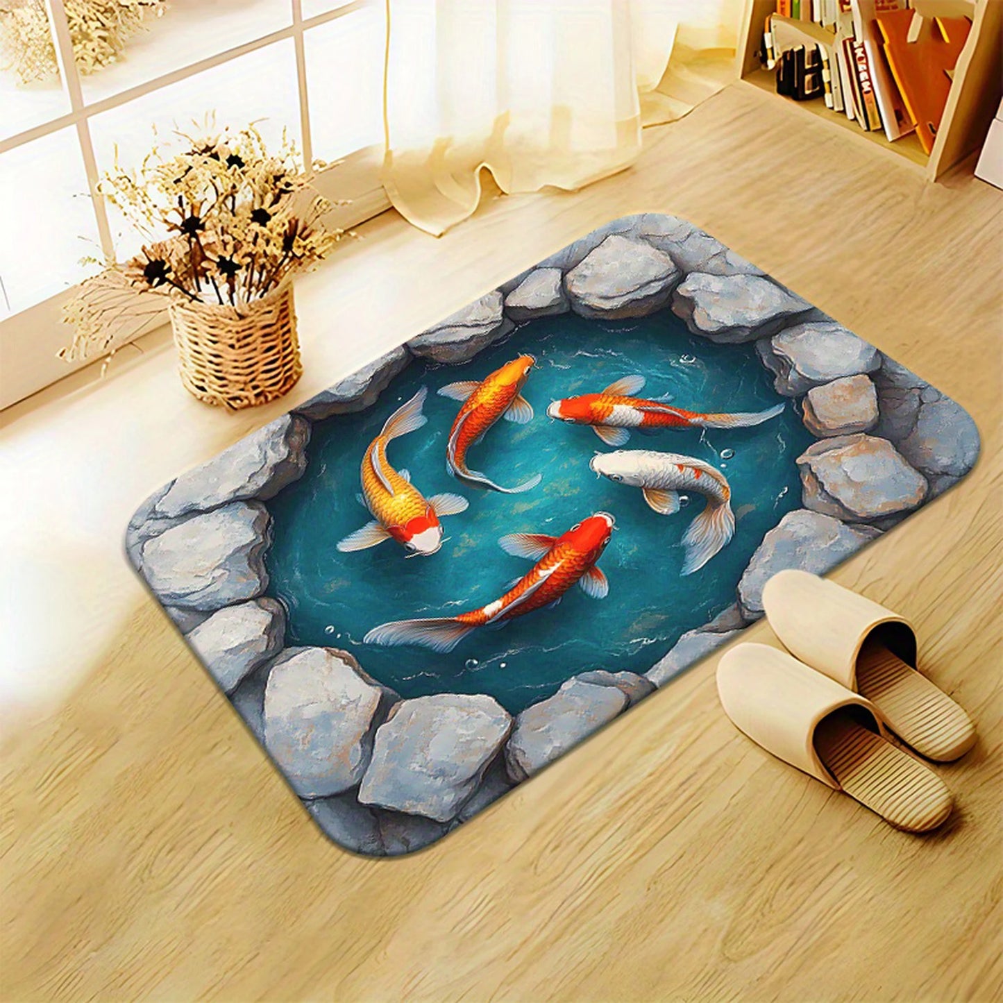 Luxurious 3D Effect Koi Fish Design Bath Mat with High Absorbency and Non-Slip Backing Ideal for Home Bathroom