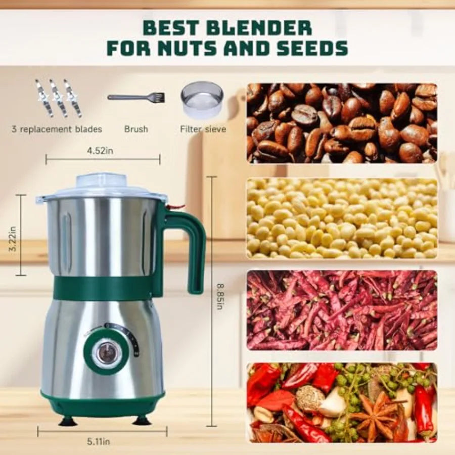 Electric Spice and Nut Grinders with 3 Stainless Steel Blades 1 Filter 1 Brush - 500W Kitchen Grinder for Dry Use Green