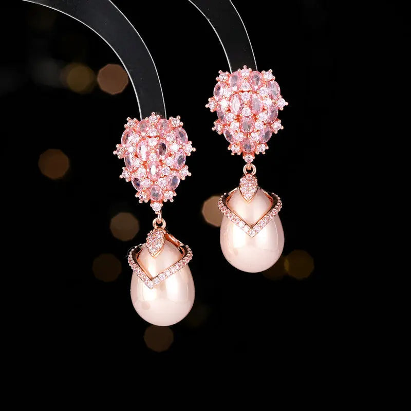 Inlaid Cubic Zirconia Earrings Elegant design Palace Style Droplet Imitation Pearl Like Women  Earrings