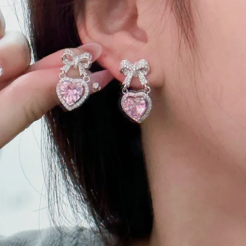 MDL Moissanite Style Sparkling Color Gems Rainbow Color Heart Drop Earrings 18K Gold Plated Heart Ribbon Zirconia