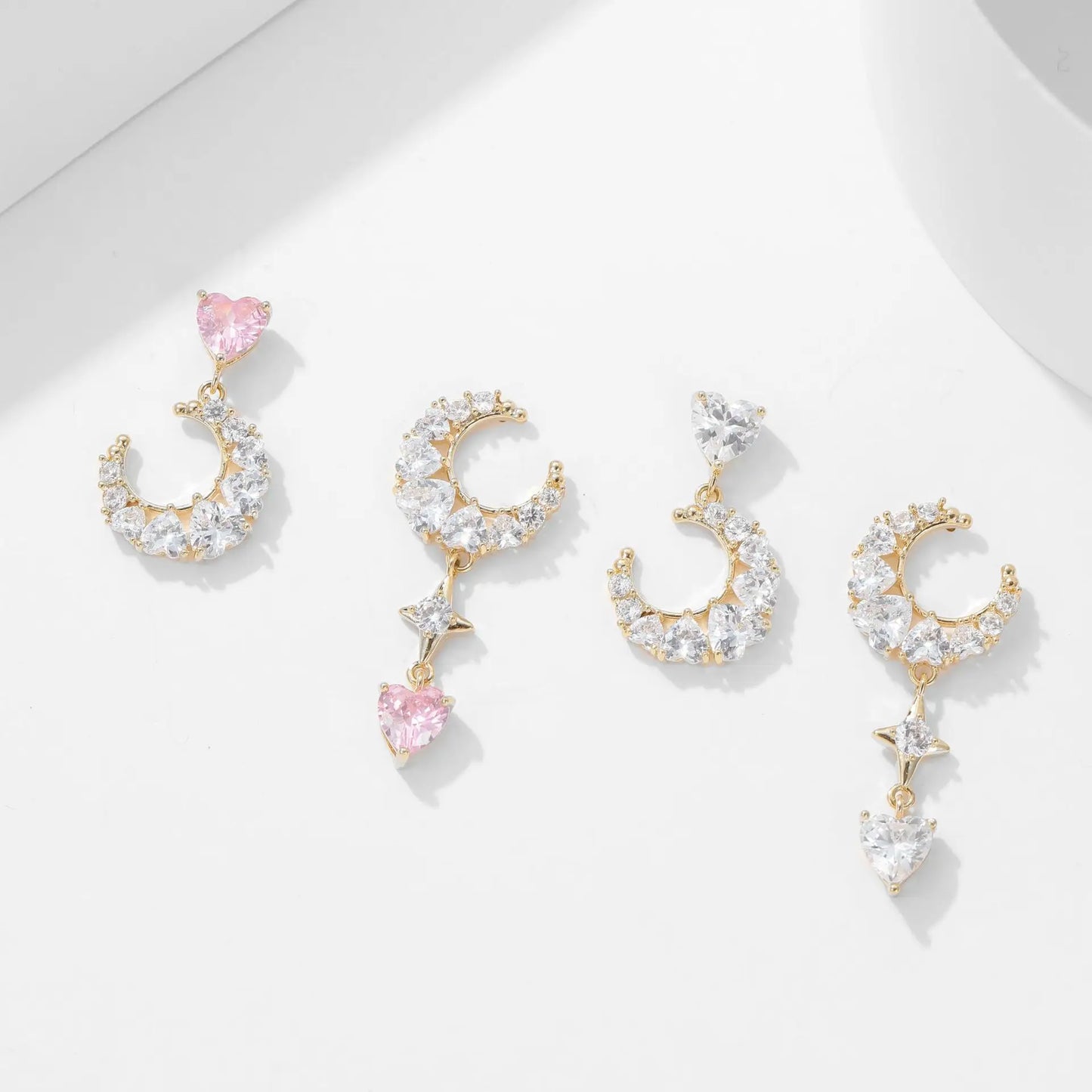 sweet moon earrings women girls asymmetric AB small heart drop white pink jewelry daily wear