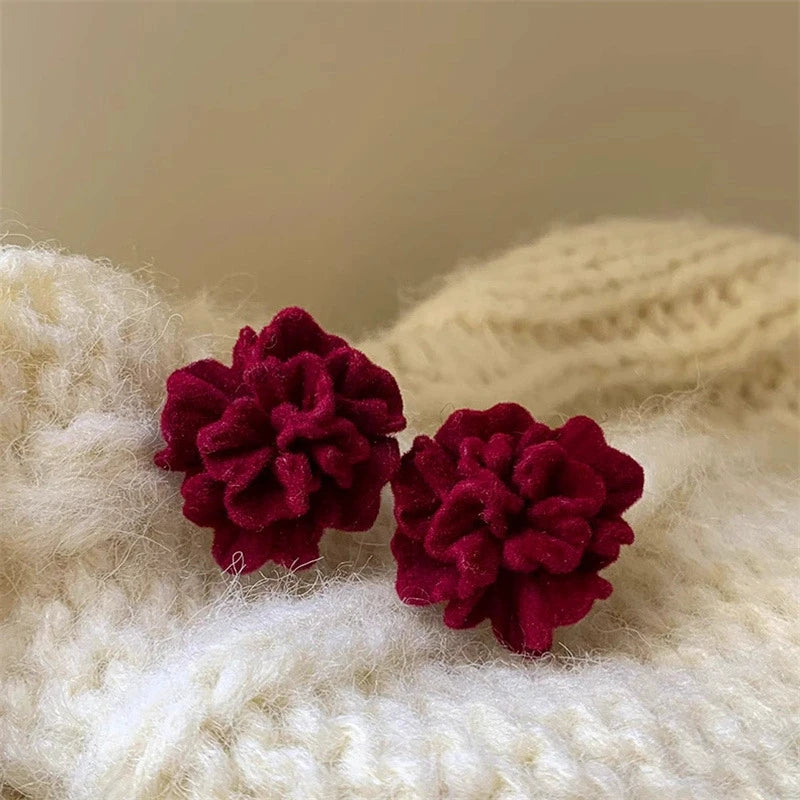Temperament Winered Flocking Camellia Flower Stud Geometry Earring Jewelry Christmas Girl Friend Gift