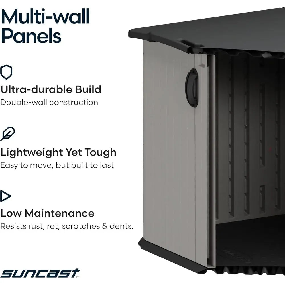 Horizontal Outdoor Storage Shed, 57.5x79.75x52, Sliding Lid Glidetop, Plastic Resin, Ideal for Bikes, Motorcycles, Lawn Mowers