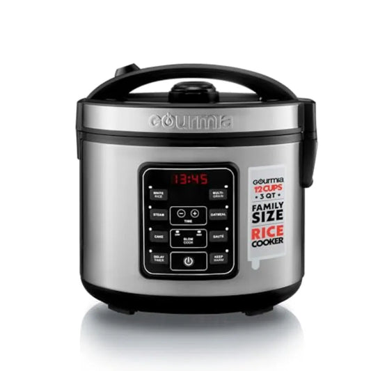 Gourmia Rice Cooker 3 Qt Capacity 12 Cup Cooked 6 Cup Uncooked Digital Controls Grain Cooker Steamer Built-In Steamer Basket No