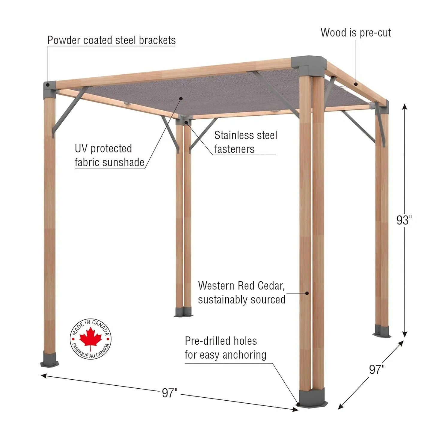 Bali 8 x 8’ Cedar Pergola - Easy to Assemble. Western Red Cedar, Sunshade Canopy, Sustainably Sourced, Made in, Customized