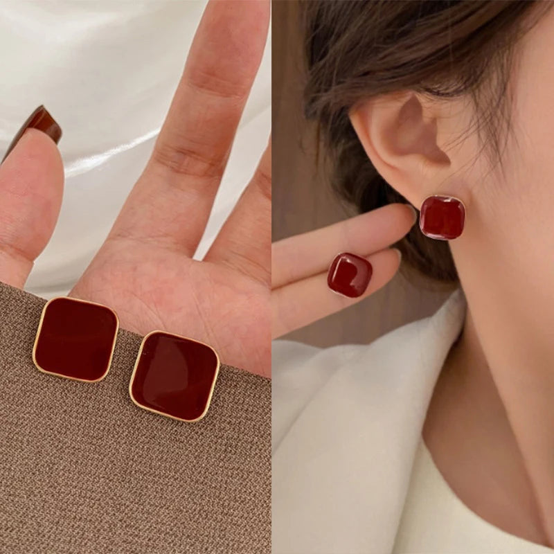 Ankela Red Ribbon Bow-knot Vintage Stud Earrings For Women Korean Fashion INS Autumn Winter Simple Bow Geometric Earring