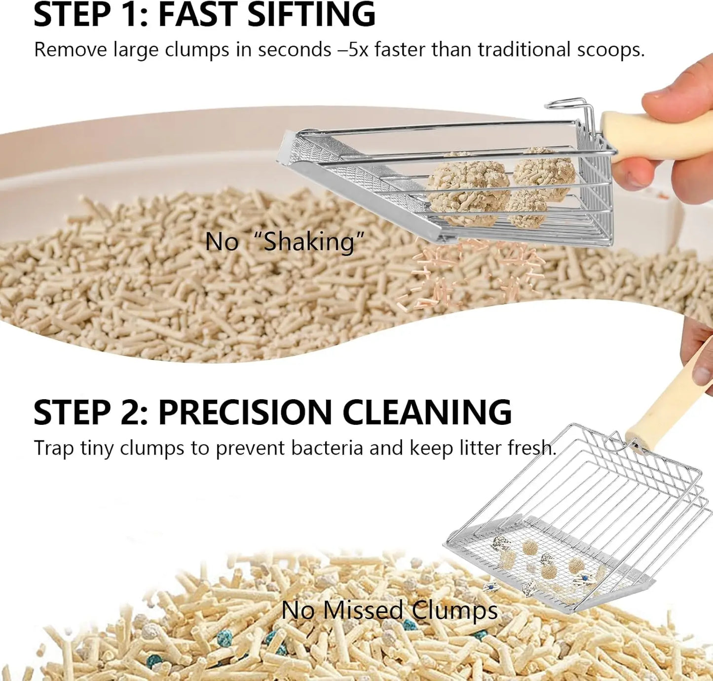 Stainless Steel Cat Litter Scoop with Wooden Handle, Dual-Mesh Sifter and Wall Hook for Easy Cleaning