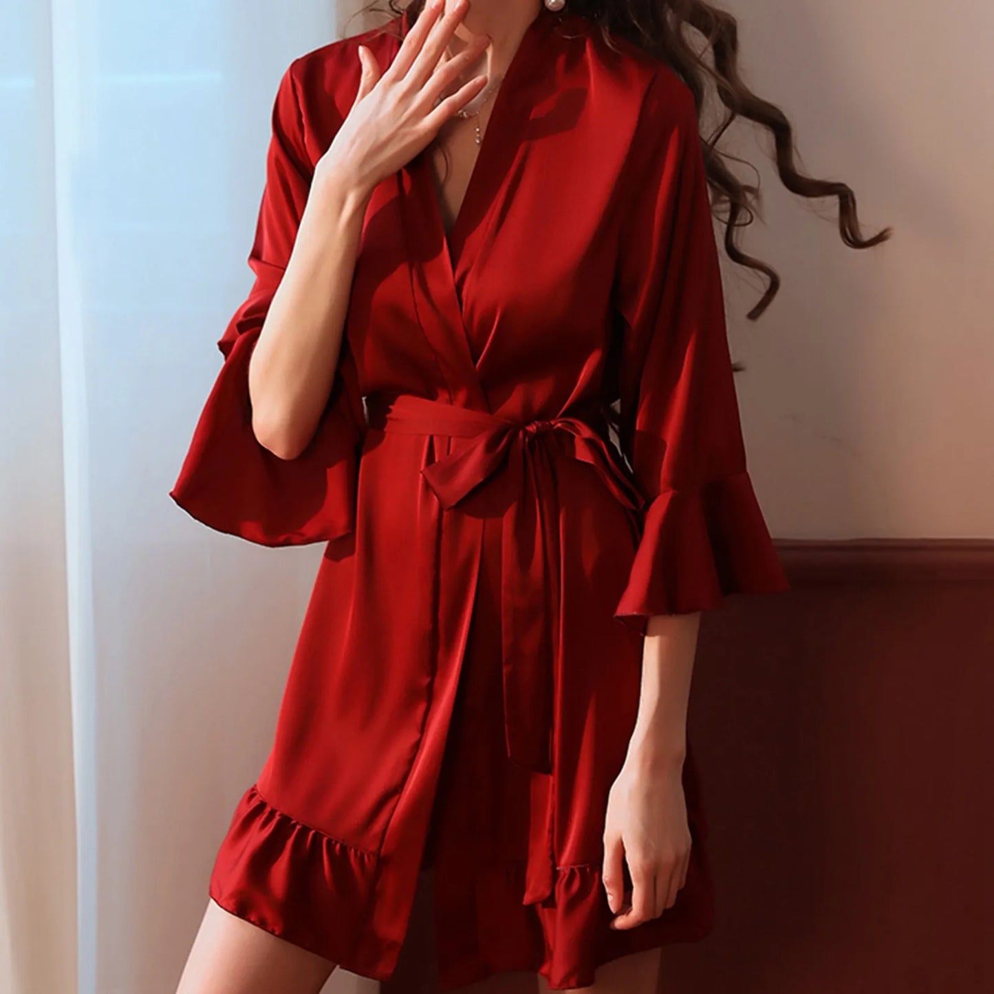 Sexy Lingerie For Women Autumn Winter Bride Robe Seductive Silk Kimono Ruffled Sleeves Sleepwear Kimono For Women New Pijama