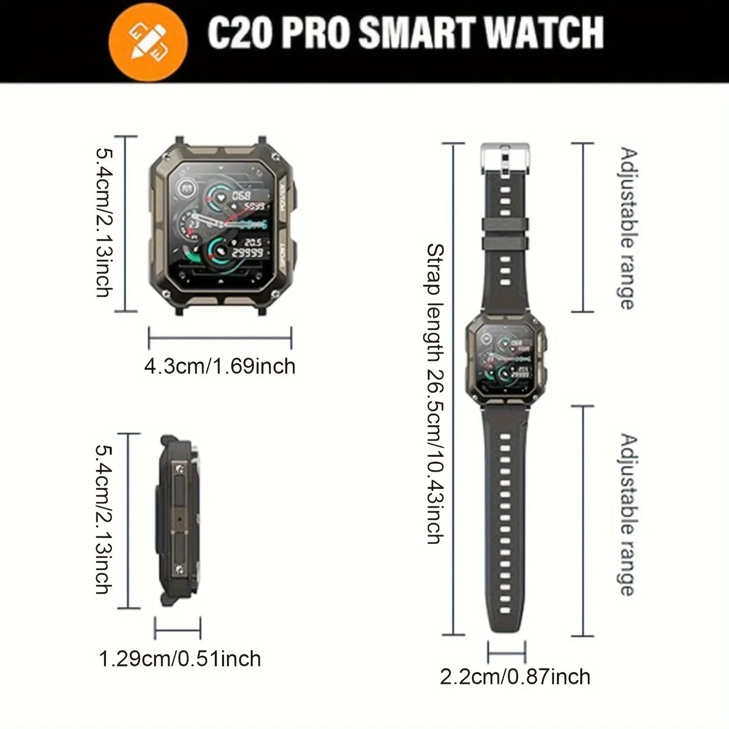 Rugged 1.83" Smart watch (Call Receive/Dial) IPX8 for Android iPhone Compatible, Fitness Tracker for Outdoor Sport