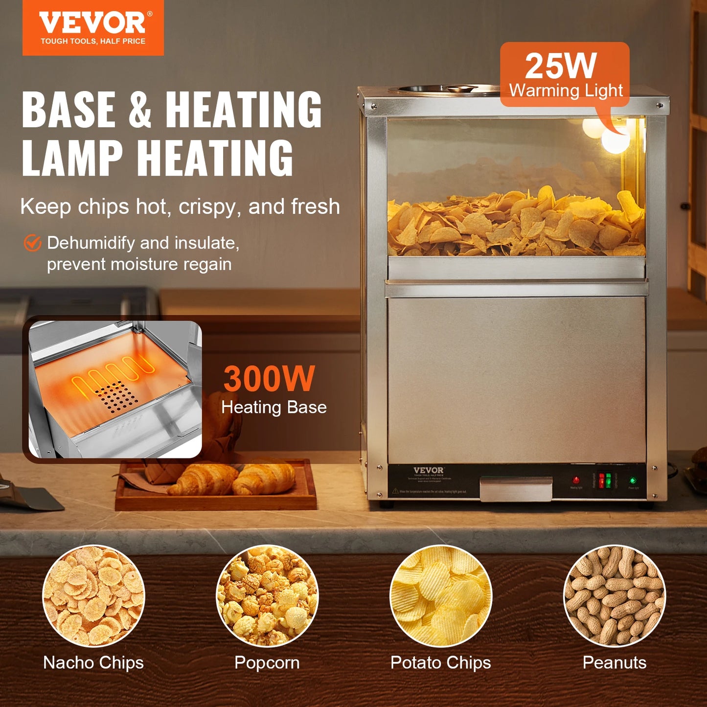SucceBuy Commercial Nacho Chip Warmer 84.5QTNacho Machine  Deflection Board Stainless Steel for Nacho Chips Popcorn Potato Chips