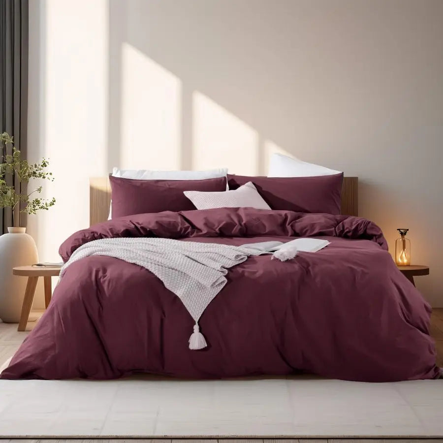 Duvet Cover Set Queen Size Linen Look Textured 100 Washed Cotton Duvet Cover Burgundy Dark Red 3 Pieces Bedding Set with Zipper