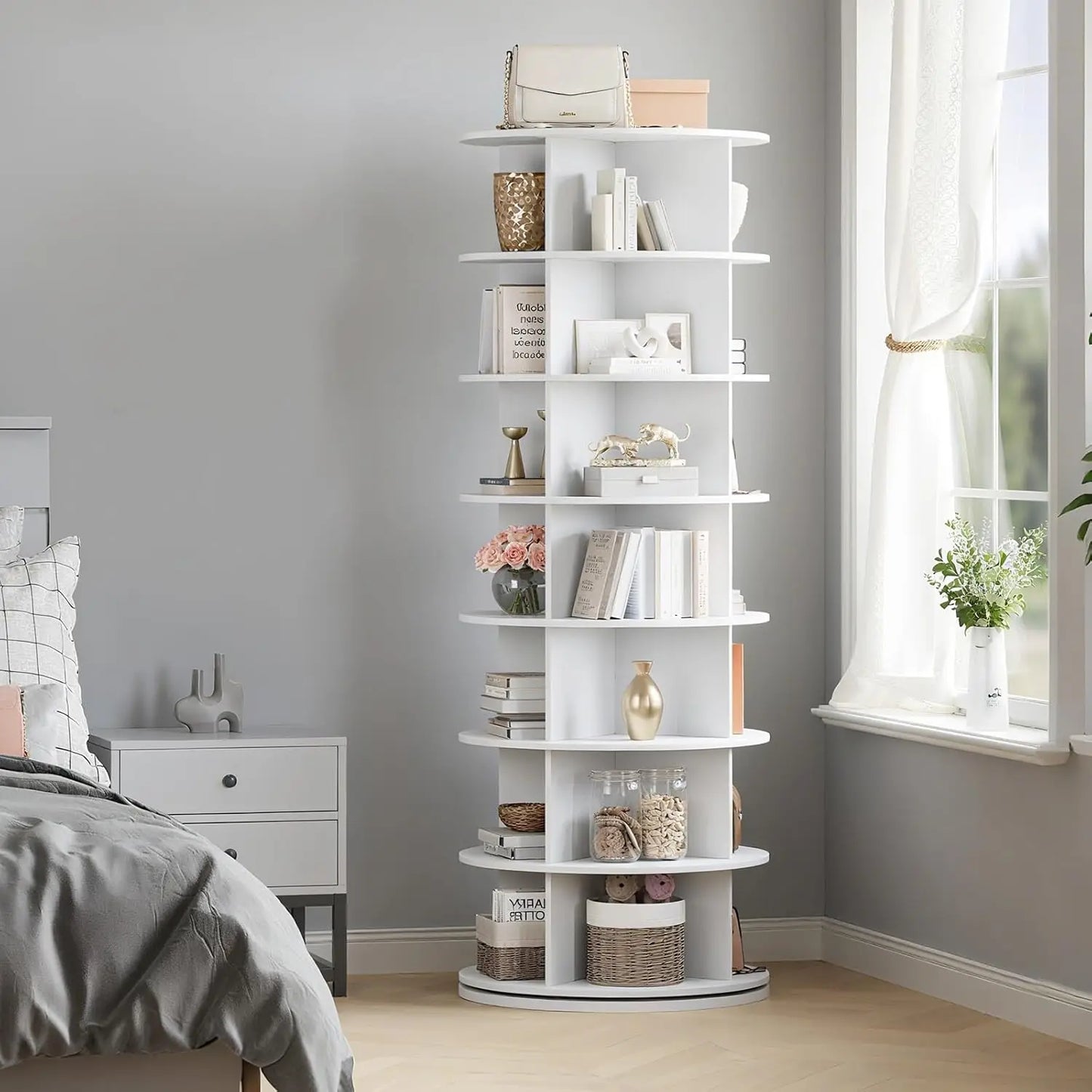 7 Tier Rotating Shoe Rack Tower, Free Standing Spinning Shoes Organizer, 360°Revolving Vertical Spinning Shoe Display
