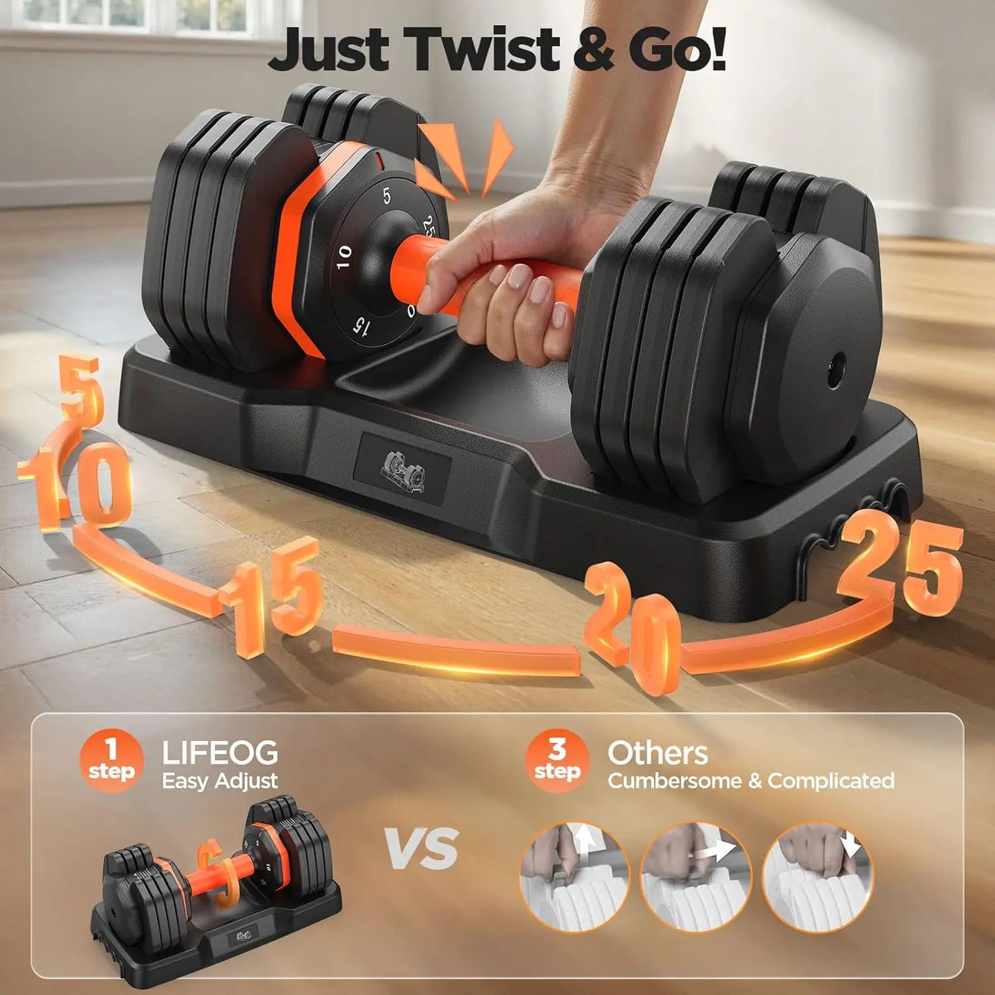 Adjustable Dumbbell Set of 2, 50lbs Total with Storage Box and Anti-slip Grip for Home Gym