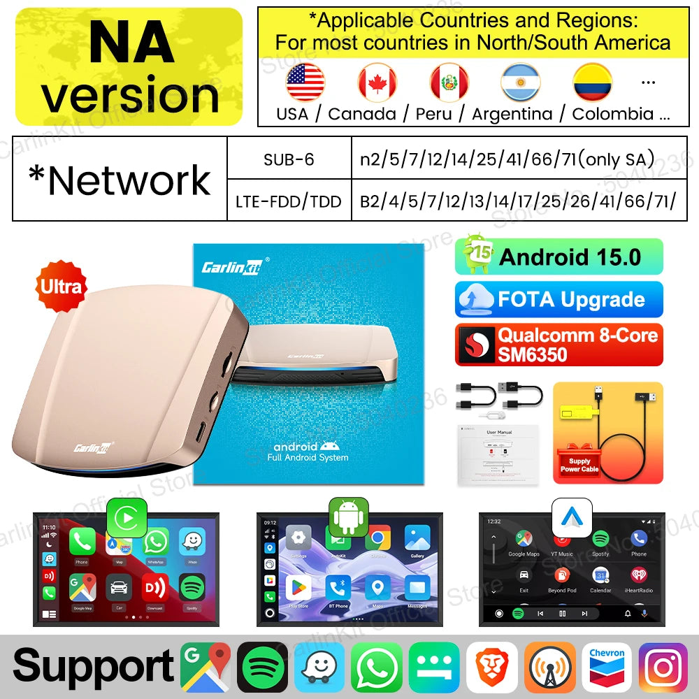 Android 15 Ultra WiFi6 CarPlay Ai Box CarlinKit SM6350 8-Core Wireless CarPlay Android Auto Support YouTube/SD/SIM Card 8G+256GB