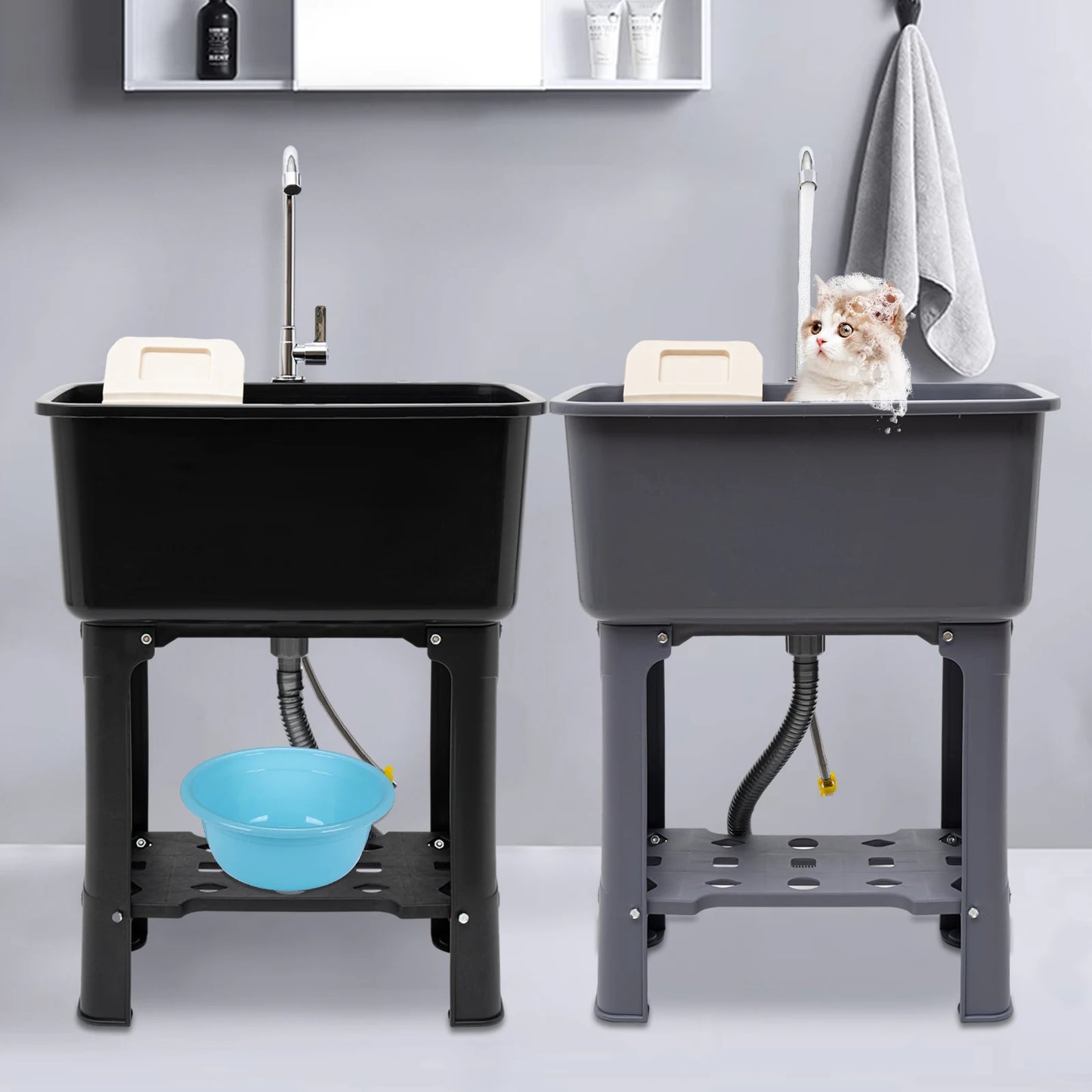 Utility Sink with 360° Faucet, 48L Large Capacity Laundry Sink for Cleaning Kitchen Garage, PP Freestanding Sink with Washboard